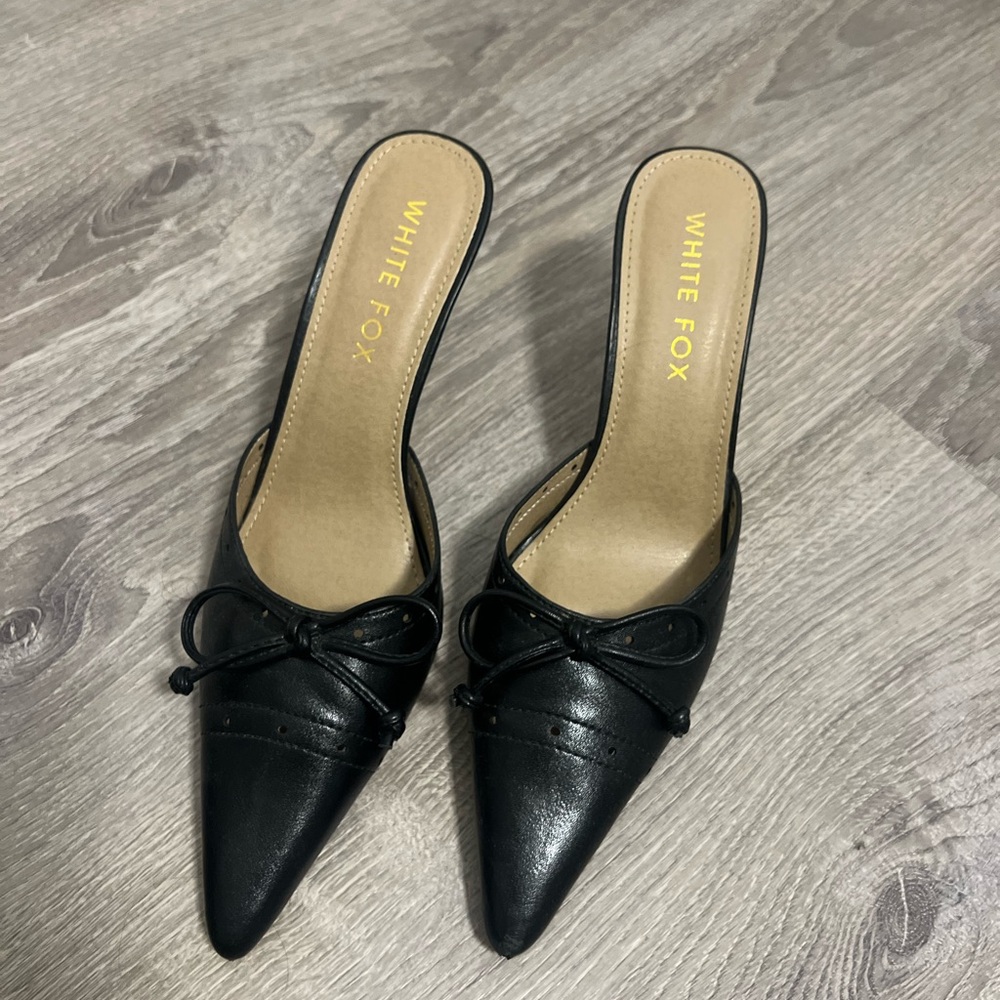 White fox black kitten heels